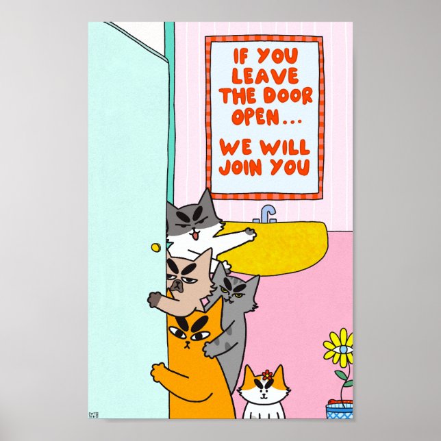 Colourful Funny Pastel Bathroom Wall Art Cat Poste (Front)