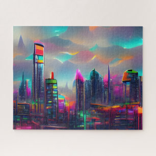 Colourful Futuristic City Challenging Hard Jigsaw Puzzle