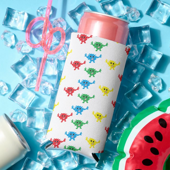 Colourful fuzzy monster pattern white seltzer can cooler (In Situ Summer)