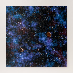 Colourful galaxies, stars and planets in night jigsaw puzzle