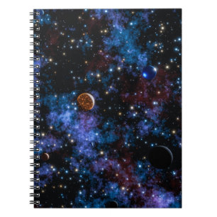 Colourful galaxies, stars and planets in night notebook