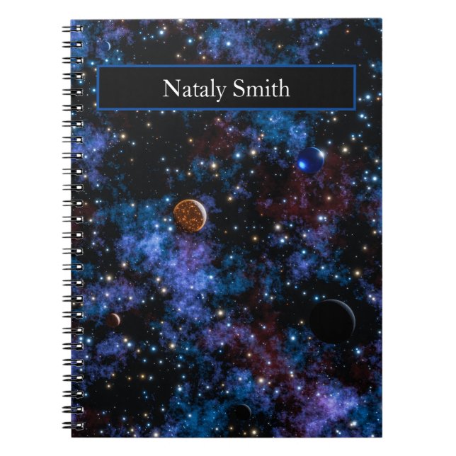 Colourful galaxies, stars and planets name notebook (Front)