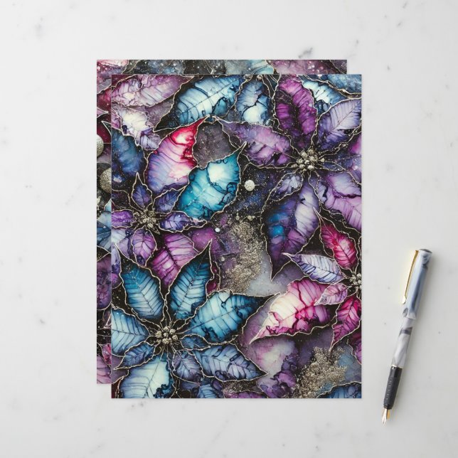 Colourful Galaxy Alcohol Ink Poinsettia Scrapbook (Front/Back In Situ)