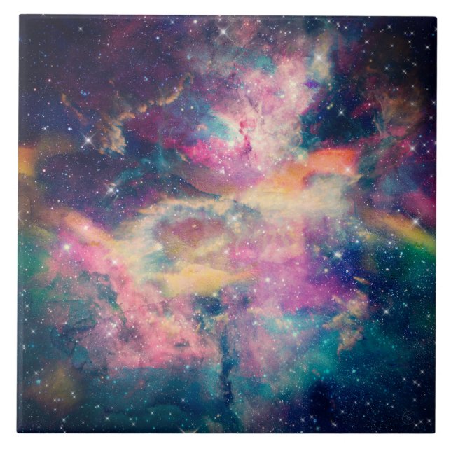 Colourful Galaxy Nebula Watercolor Painting Tile (Front)
