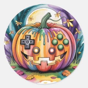 Colourful Gamer Pumpkin Halloween Bash Classic Round Sticker