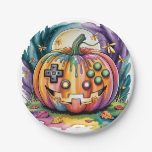 Colourful Gamer Pumpkin Halloween Bash Paper Plate