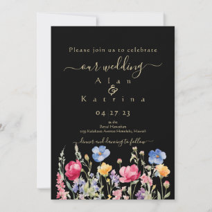 Colourful Garden Boho Wildflower On Black Invitation