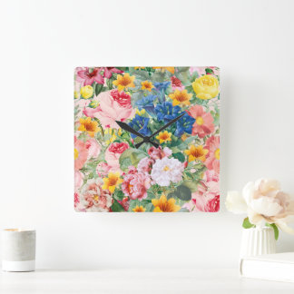 Colourful Garden Flowers - Boho Floral Pillow Square Wall Clock