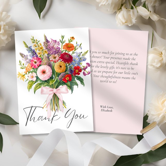 Colourful Garden Flowers Bouquet Pink Bow Script Thank You Card (Creator Uploaded)