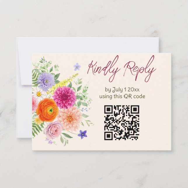 Colourful Garden Flowers Wedding Website QR Code RSVP Card (Front)