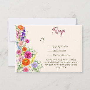 Colourful Garden Flowers Wedding Website QR Code RSVP Card