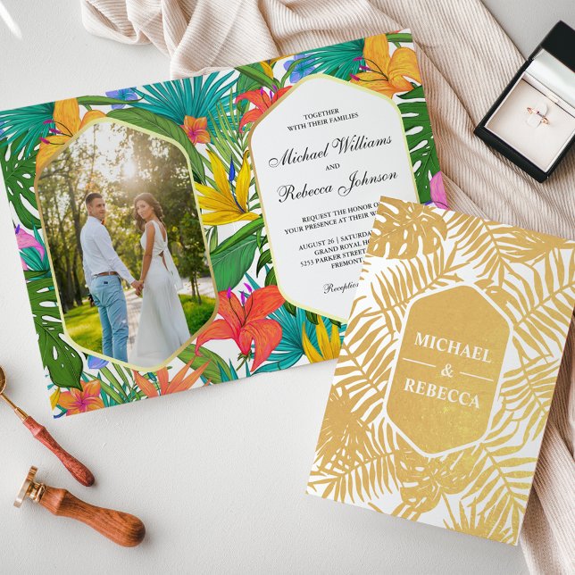 Colourful Garden Gold Foil Tropical Wedding Invite (Creator Uploaded)