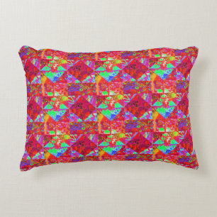 Colourful Garden Quilt Painting with Red Hydrangea Accent Pillow