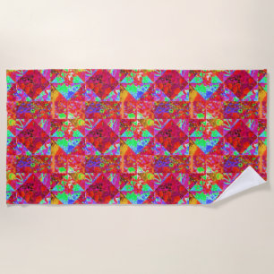 Colourful Garden Quilt Painting with Red Hydrangea Beach Towel