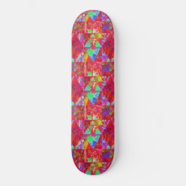 Colourful Garden Quilt Painting with Red Hydrangea Skateboard (Front)