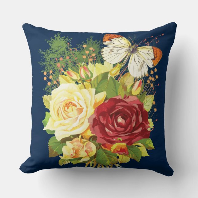 Colourful Garden with Rose's and a Butterfly Throw Pillow (Front)