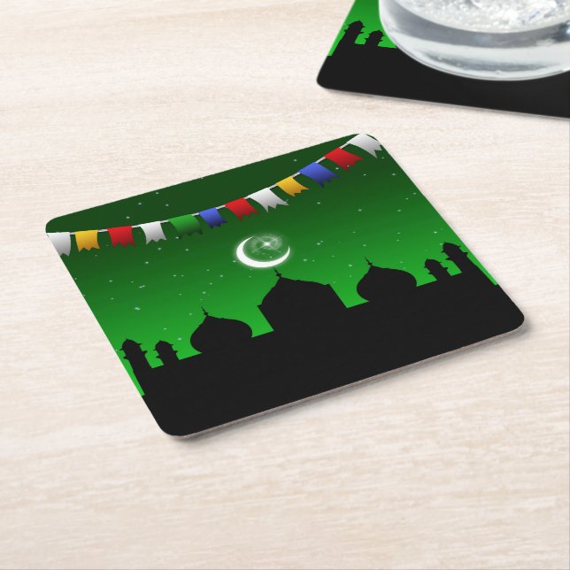 Colourful Garland with Mosque Square Paper Coaster (Angled)