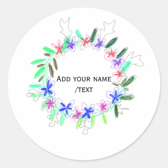 colourful garland wreath Christmas waadd name text Classic Round Sticker (Front)