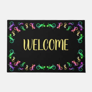 Colourful Gecko Lizard on Black Welcome Doormat