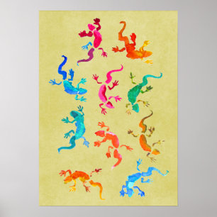 Colourful geckos  watercolor illustration poster