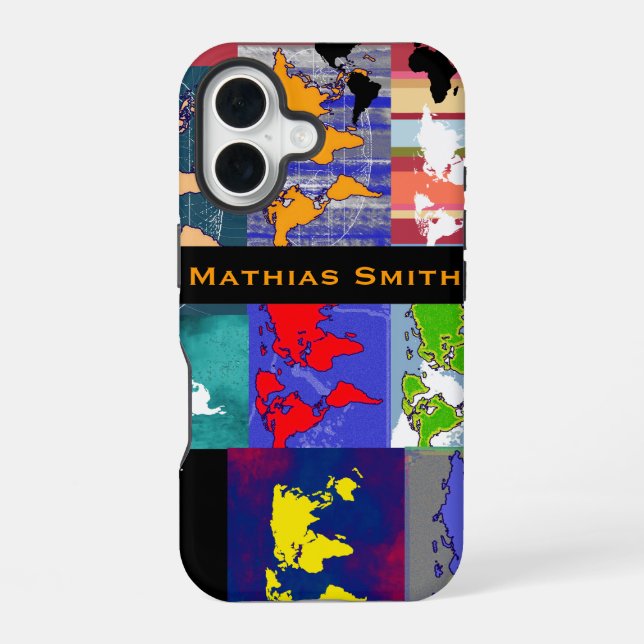 colourful geographic mixed world-maps iPhone 16 case (Back)