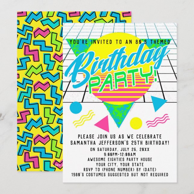 Colourful Geometric 1980s Eighties Birthday Party Invitation (Front/Back)