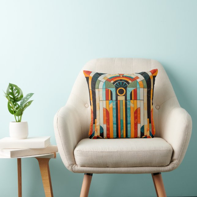Colourful geometric art deco pattern 2 throw pillow (Chair)
