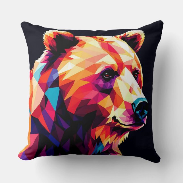 Colourful Geometric Bear Portrait Throw Pillow (Front)