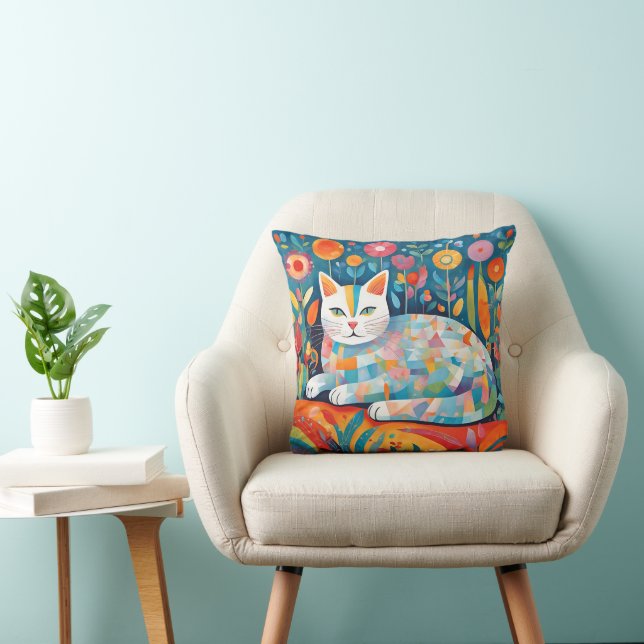 Colourful Geometric Cat Design, Abstract Feline Throw Pillow (Chair)
