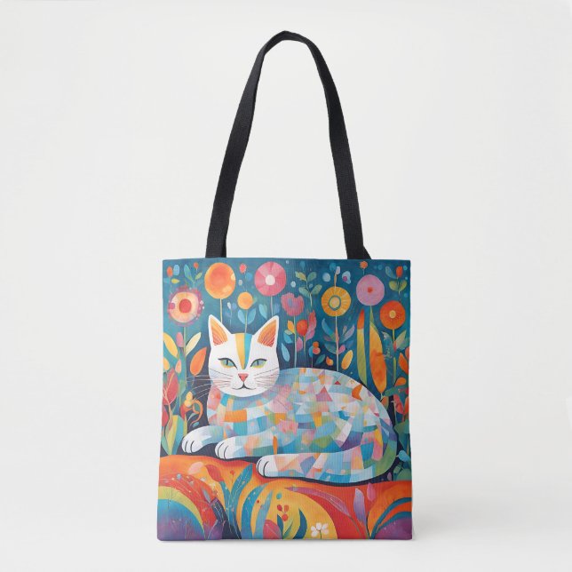 Colourful Geometric Cat Design, Abstract Feline Tote Bag (Front)