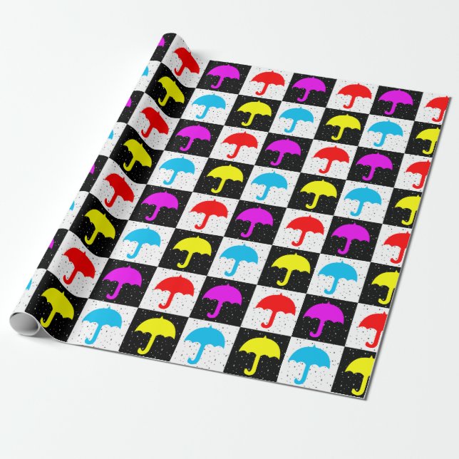 Colourful Geometric Chequered Umbrella Block Print Wrapping Paper (Unrolled)