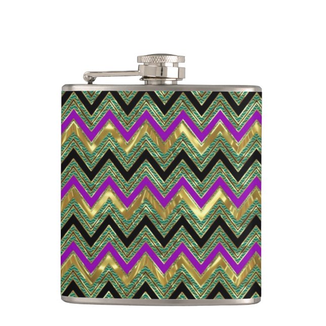 Colourful Geometric Chevron Gold Accents Hip Flask (Front)