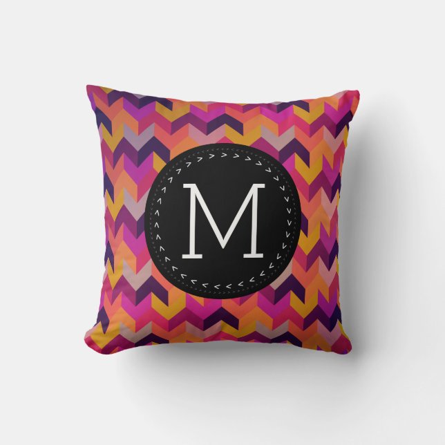 Colourful Geometric Chevron With Custom Monogram Throw Pillow (Front)