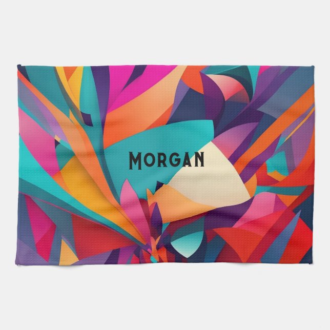 Colourful Geometric Design, Name or Monogram Kitchen Towel (Horizontal)