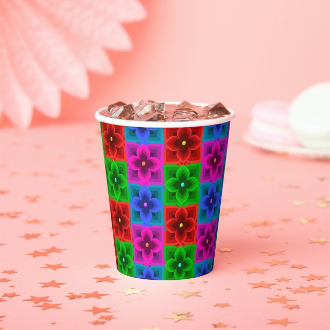 Colourful Geometric Flower Seamless Pattern, Bold  Paper Cups (Insitu)