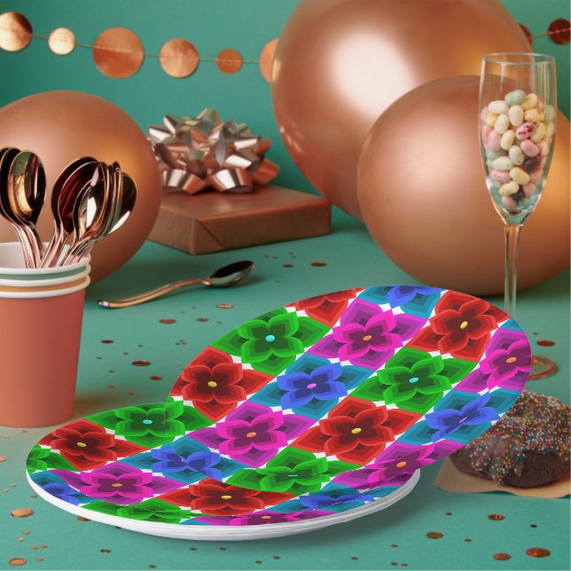 Colourful Geometric Flower Seamless Pattern, Bold  Paper Plate (Multi)