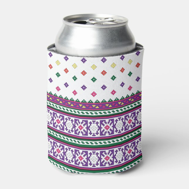 Colourful Geometric Folk Art design with flowers Can Cooler (Can Front)