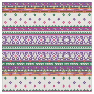 Colourful Geometric Folk Art design with flowers Fabric