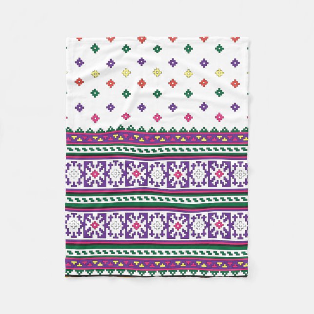 Colourful Geometric Folk Art design with flowers Fleece Blanket (Front)