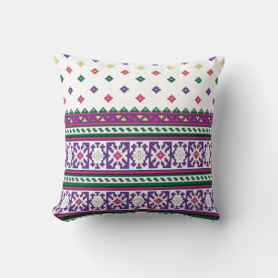Colourful Geometric Folk Art design with flowers Throw Pillow