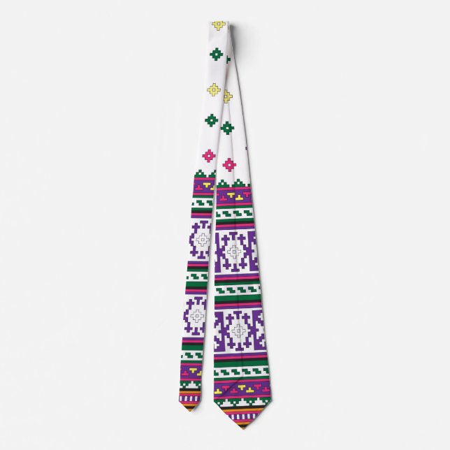 Colourful Geometric Folk Art design with flowers Tie (Back)