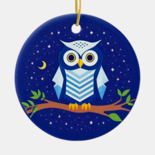Colourful Geometric Owl Perched on Branch Ceramic Ornament