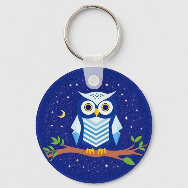 Colourful Geometric Owl Perched on Branch Keychain (Front)
