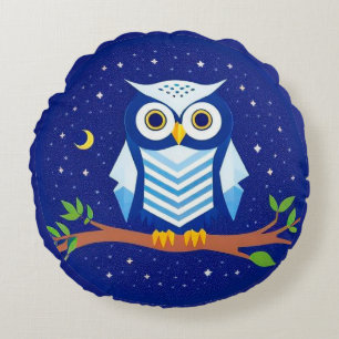 Colourful Geometric Owl Perched on Branch Round Pillow