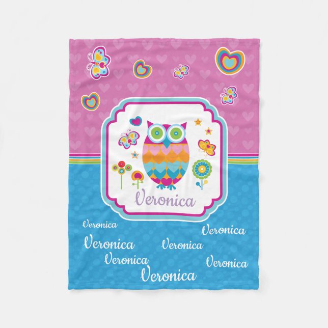 Colourful Geometric Owl with Butterfly and Flowers Fleece Blanket (Front)