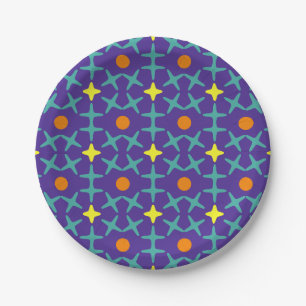 Colourful geometric pattern featuring blue cross paper plate