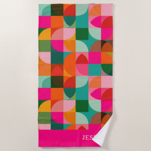 Colourful Geometric Pattern Retro Mid Century Name Beach Towel