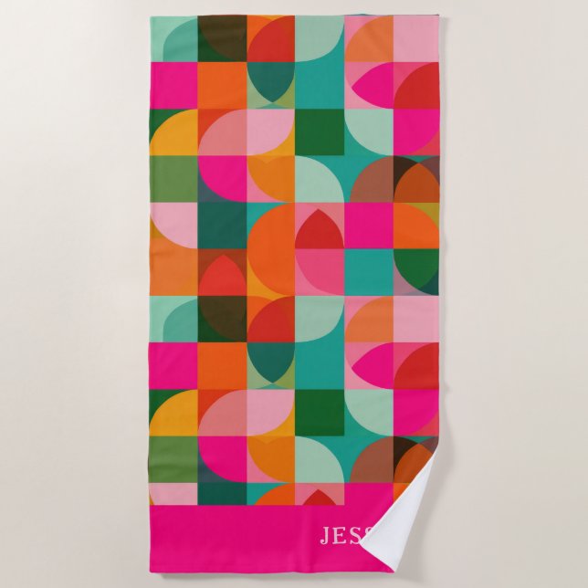 Colourful Geometric Pattern Retro Mid Century Name Beach Towel (Front)