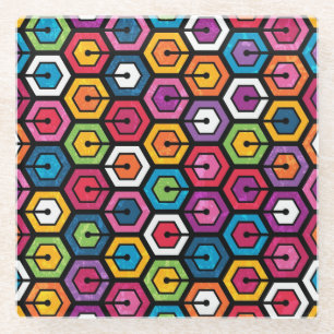 Colourful geometric pattern with hexagons glass coaster