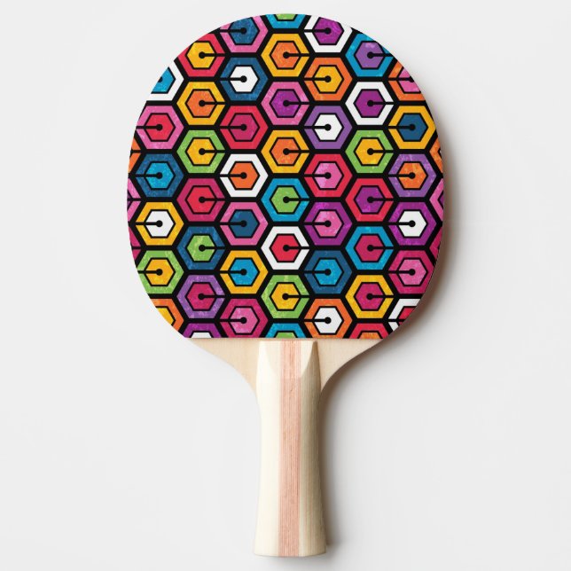Colourful geometric pattern with hexagons ping pong paddle (Front)